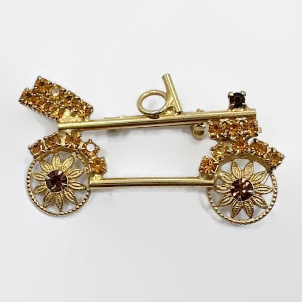 Car Brooch, Rhinestone, Gold Metal, Retro, Vintage Pin, 2" Long